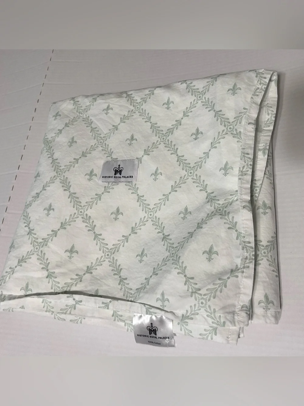 Historic Royal Palaces QUEEN Flat Sheet  Only Fleur de Lis White/Seafoam Cotton